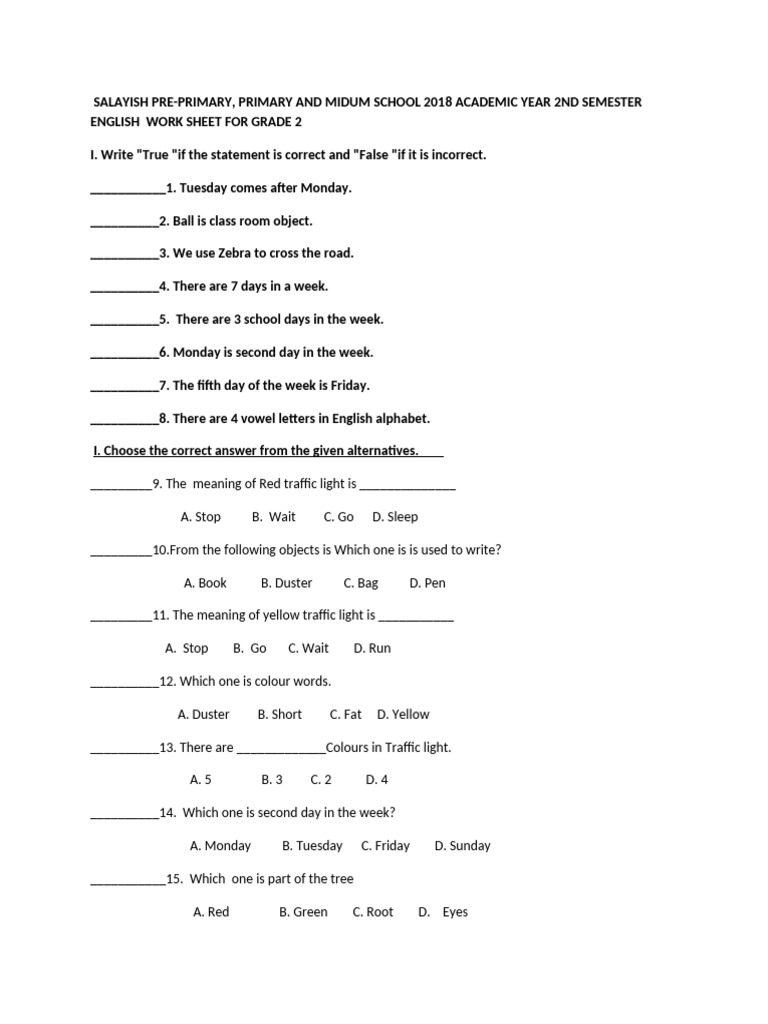 Grade 2 Final Exam For Night Program | PDF