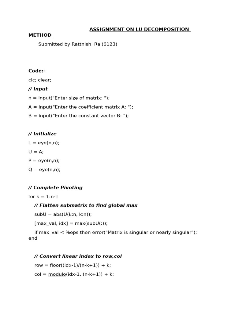 Assignment On Lu Decomposition Method | PDF | Linear Algebra | Algebra