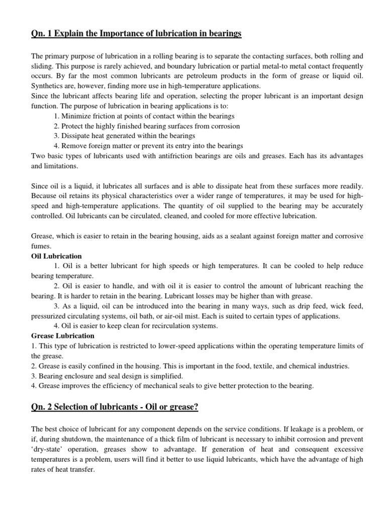 Lubrication Question Answers | PDF | Lubricant | Bearing (Mechanical)