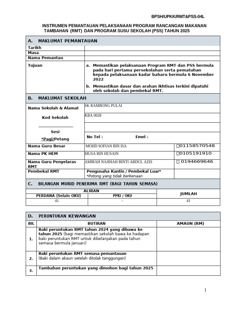 Instrumen Pemantauan RMT PSS 2025 | PDF