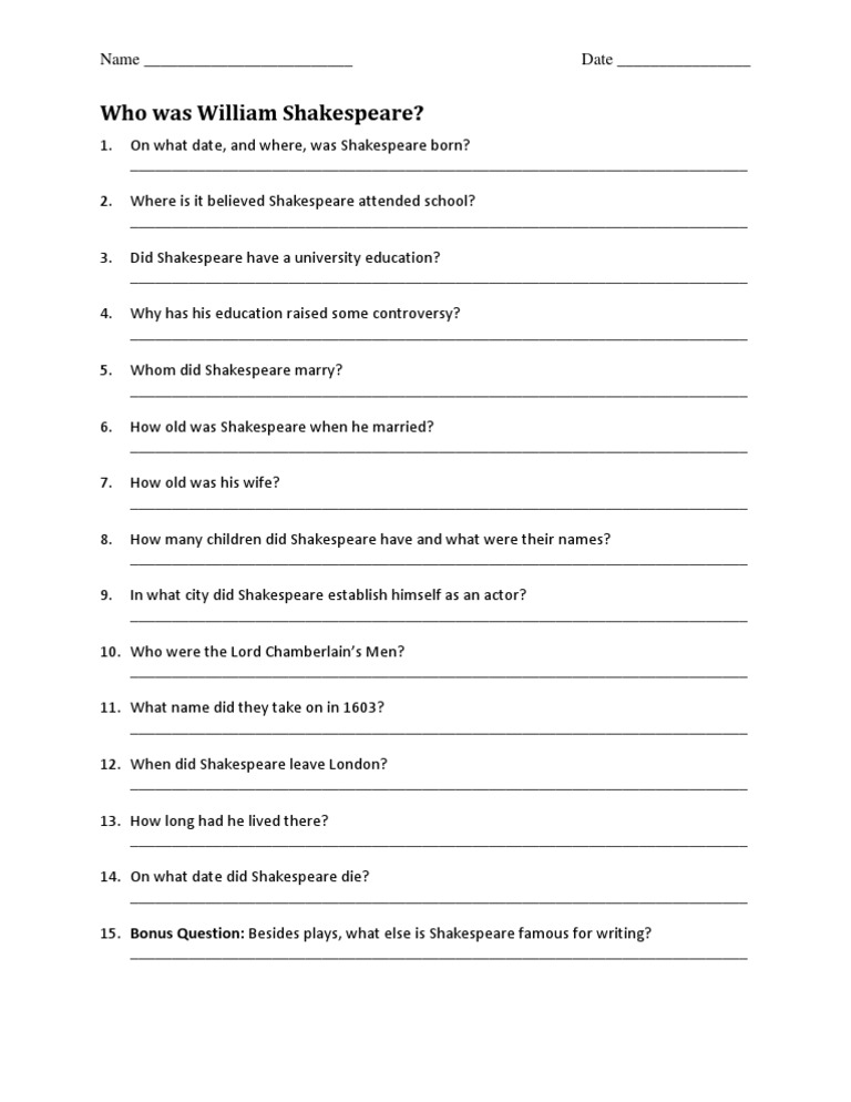 Shakespeare Study Worksheet | PDF