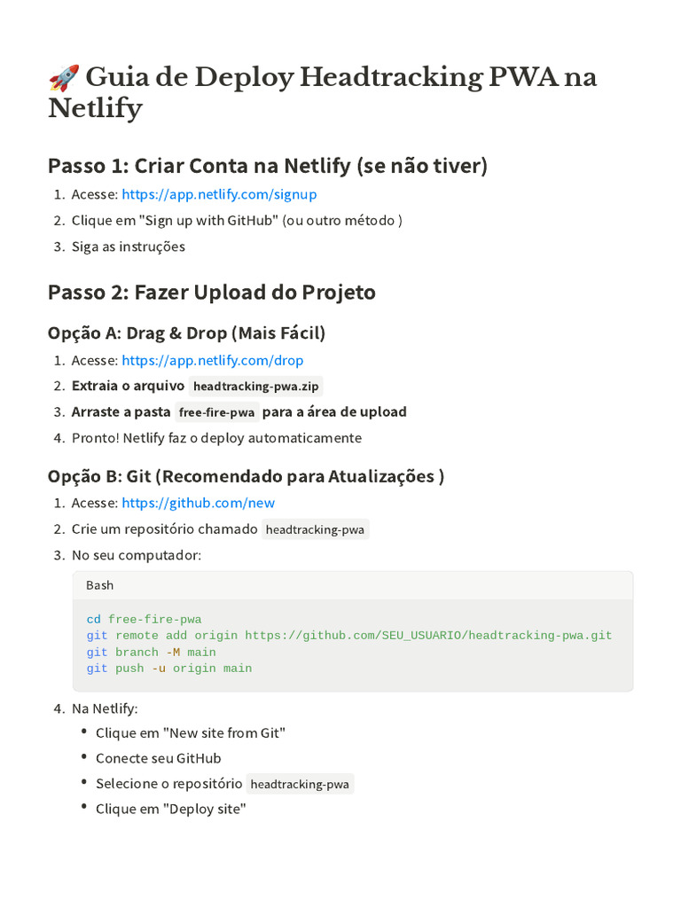 ? Guia de Deploy Headtracking PWA Na Netlify | PDF