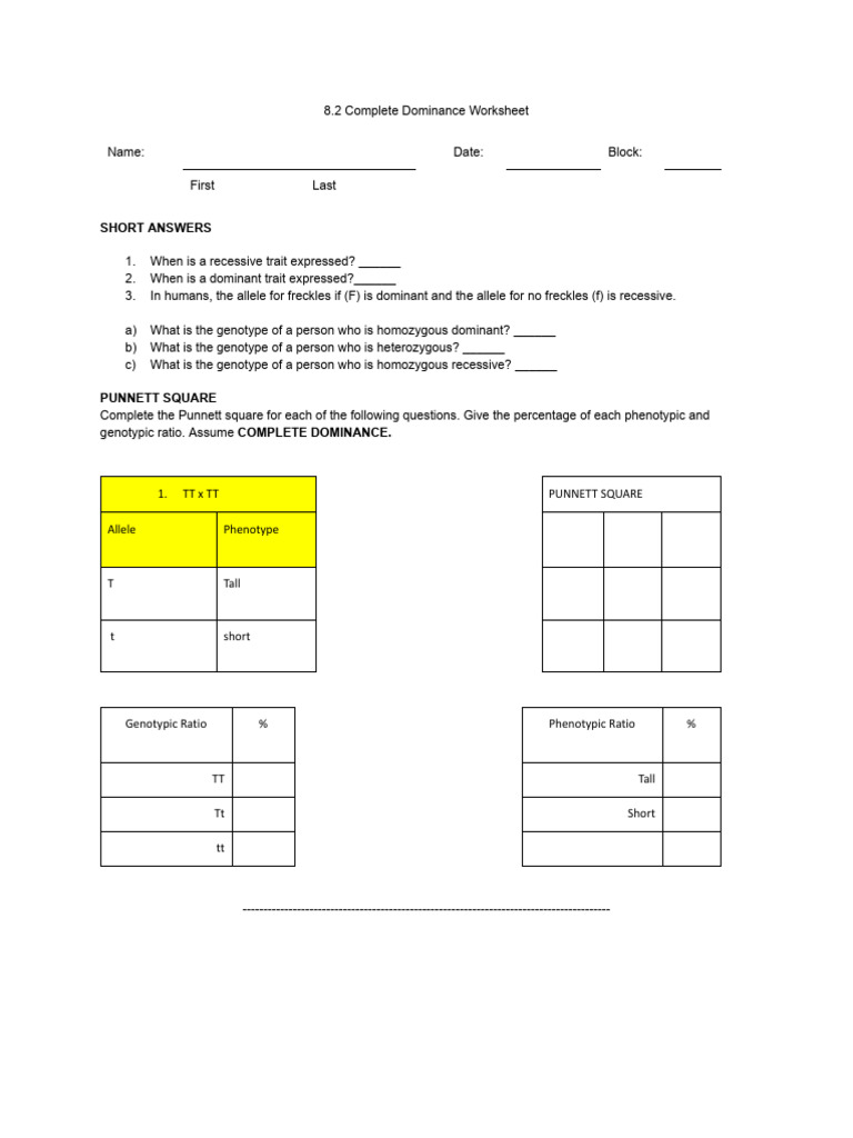 8.2 Complete Dominance Worksheet | PDF | Dominance (Genetics) | Genotype