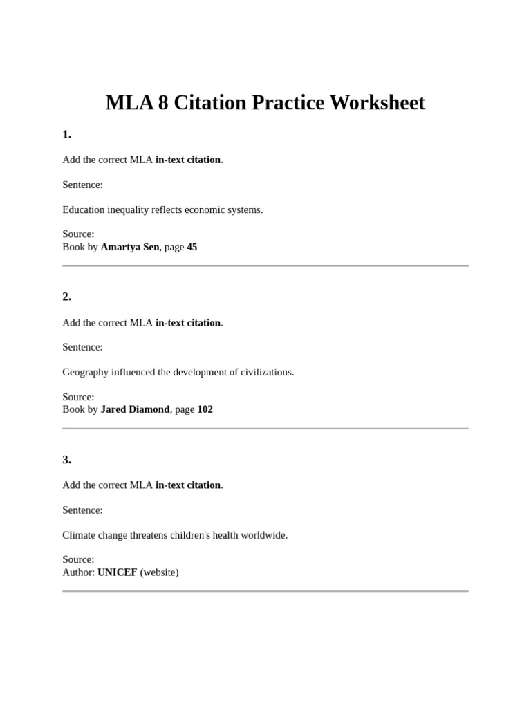 MLA 8 Citation Practice Worksheet | PDF