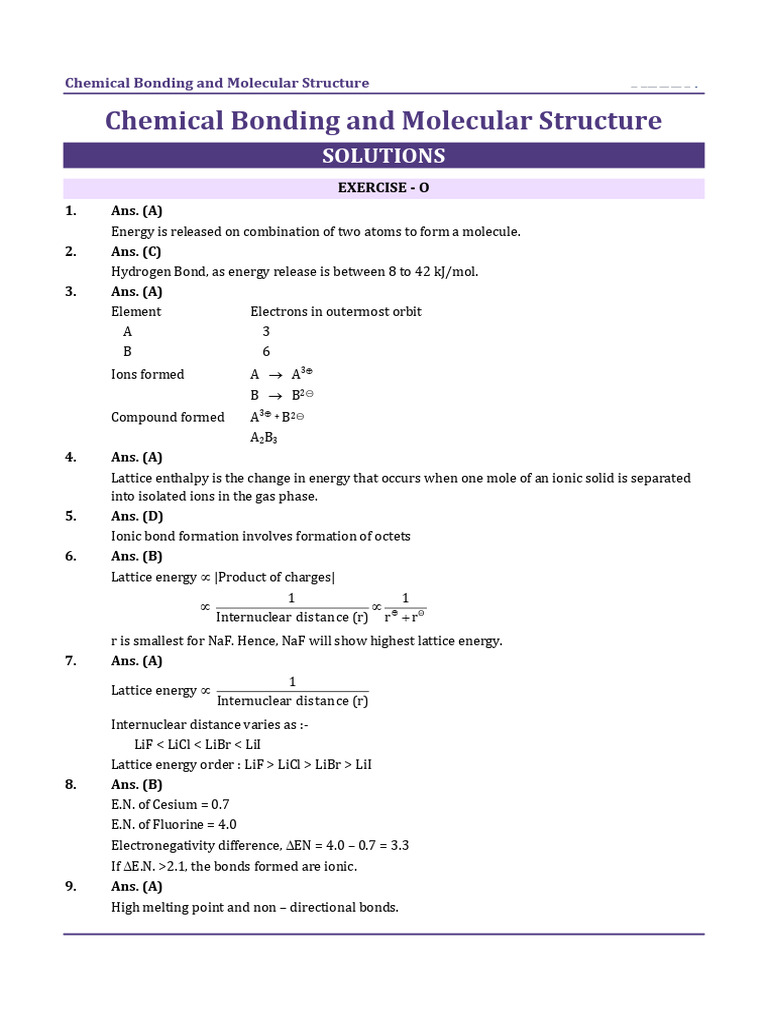Solutions Exercise - Chemical Bonding and Molecular Structure | PDF ...
