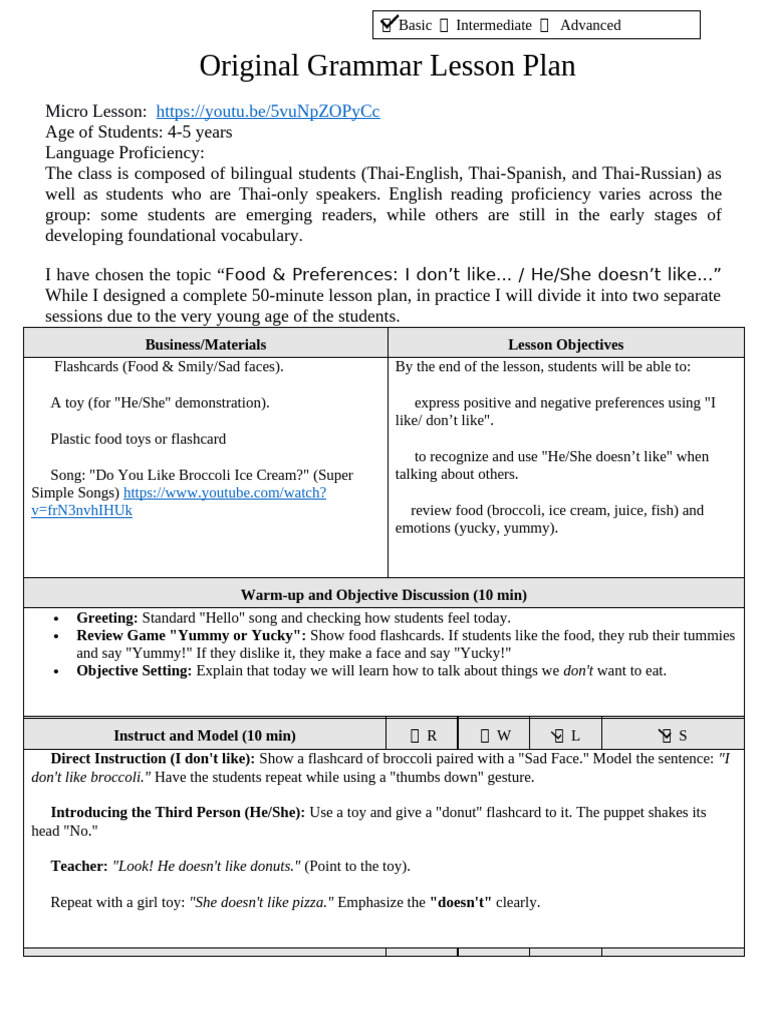 Original Lesson - Original Grammar Lesson Plan | PDF