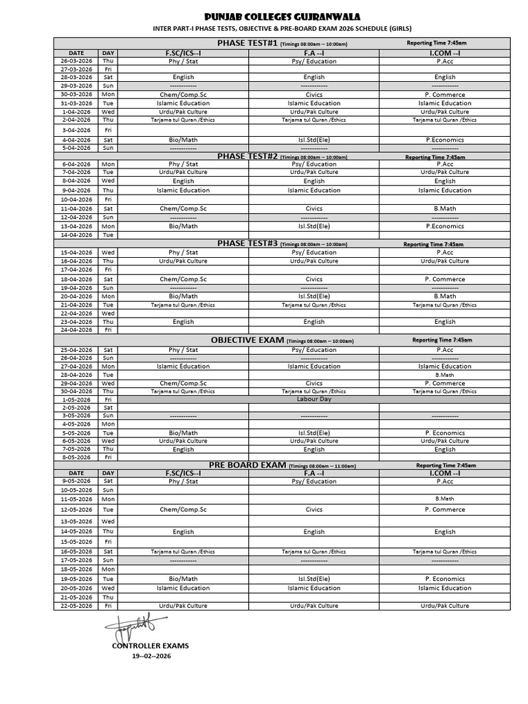 Phase Tests Schedule 2026 Final Part-I (Girls) | PDF