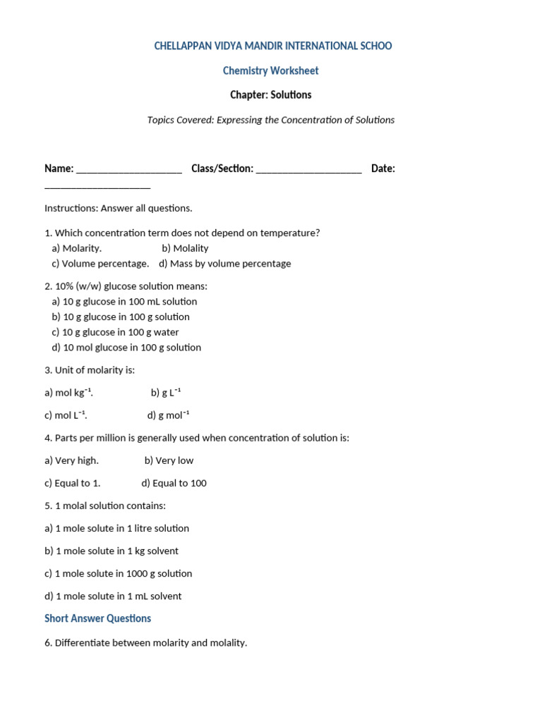Solutions Worksheet 1 Class XII-2 | PDF | Concentration | Molar ...