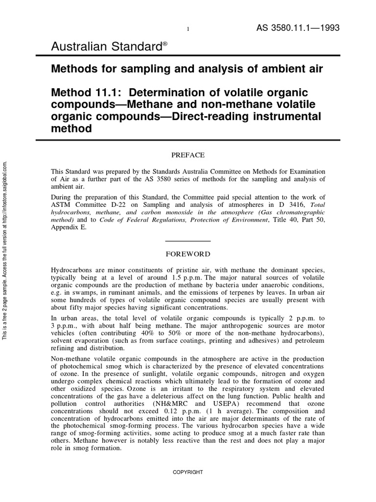 As 3580.11.11993 Methods For Sampling and Analysis of Ambient Air