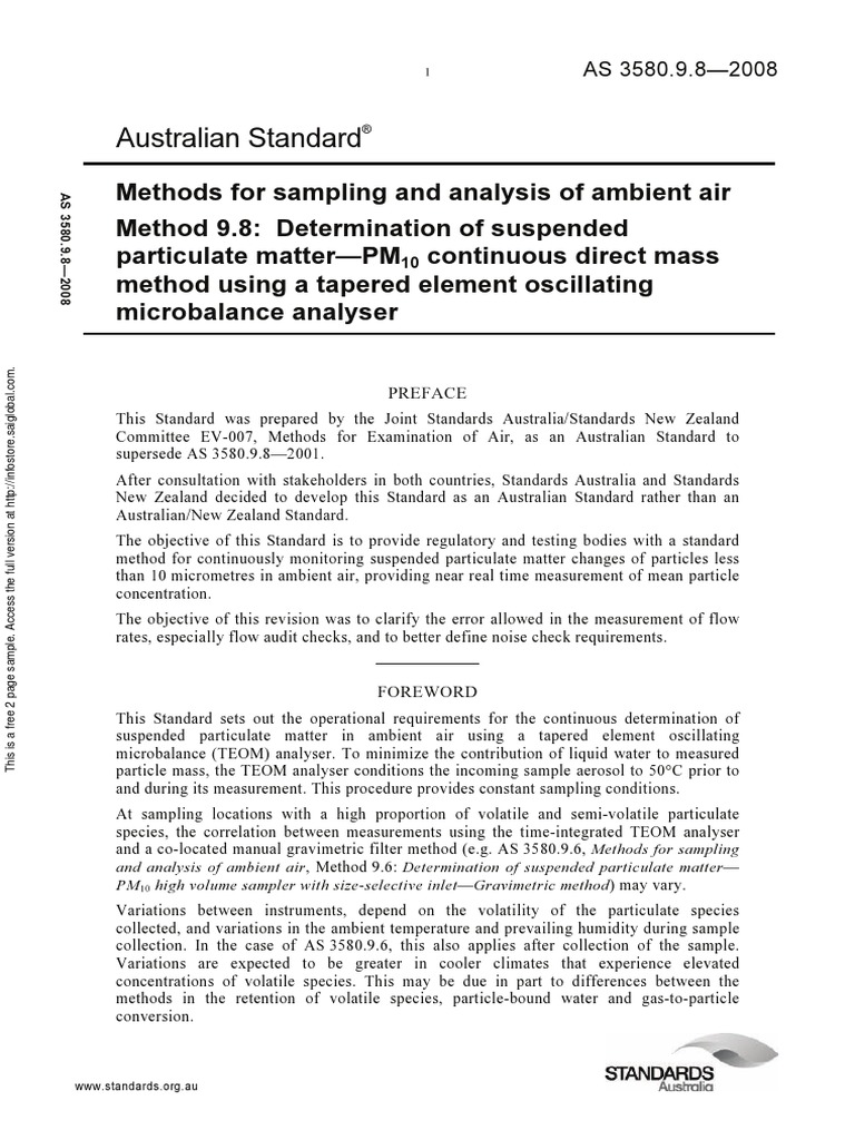 As 3580.9.82008 Methods For Sampling and Analysis of Ambient Air Determination of Suspended