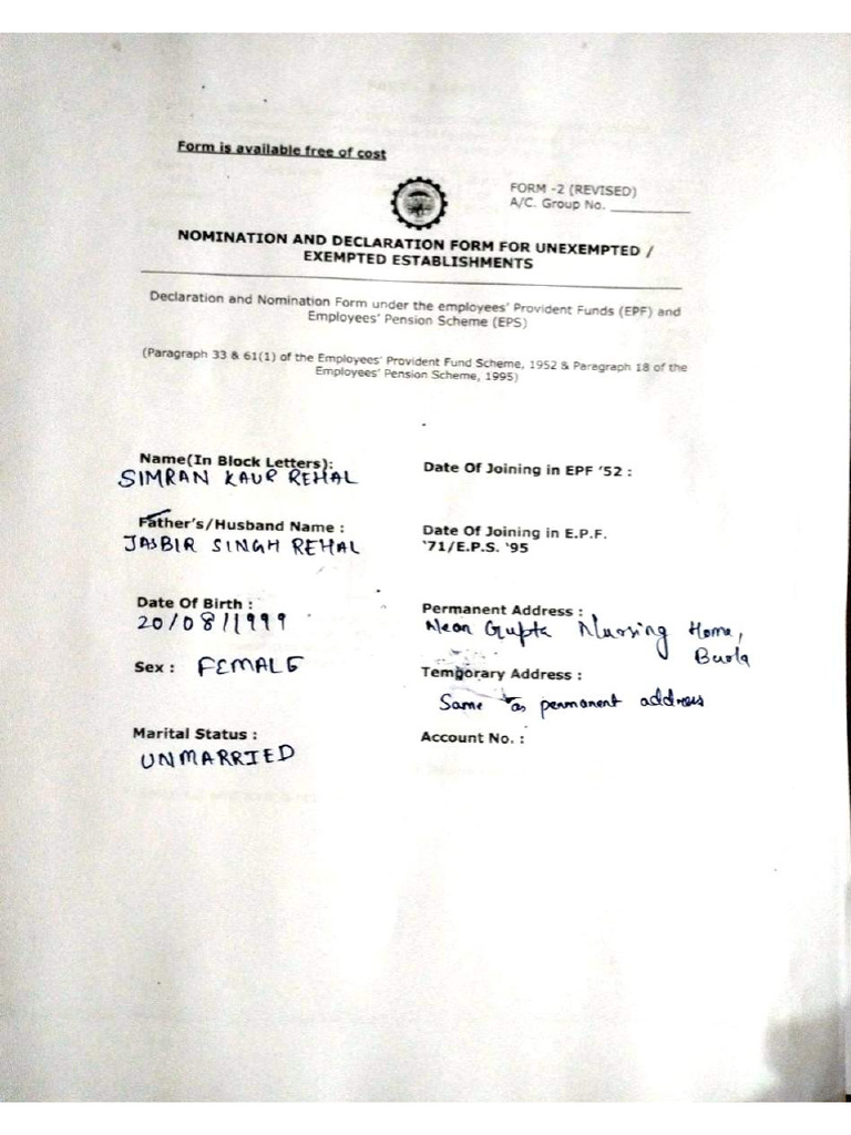 PF Form 2 | PDF