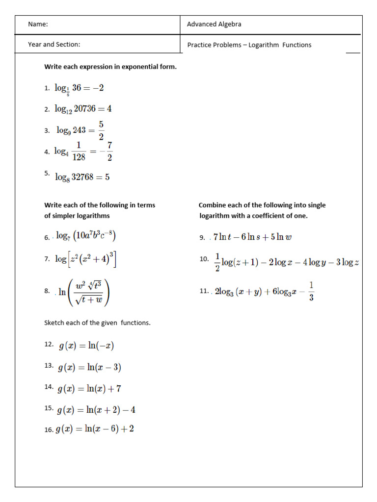 Logarithm Function Exercises | PDF