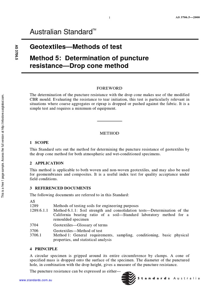 As 3706.5-2000 Geotextiles - Methods of Test Determination of Puncture ...