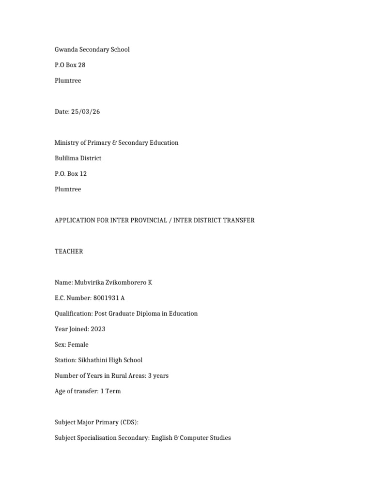 Teacher Transfer Application | PDF