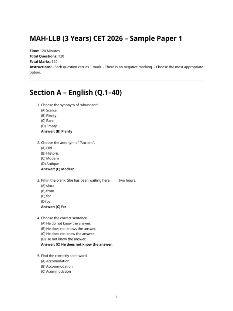 Mah LLB 3 Years Cet 2026 Sample Paper 1 | PDF