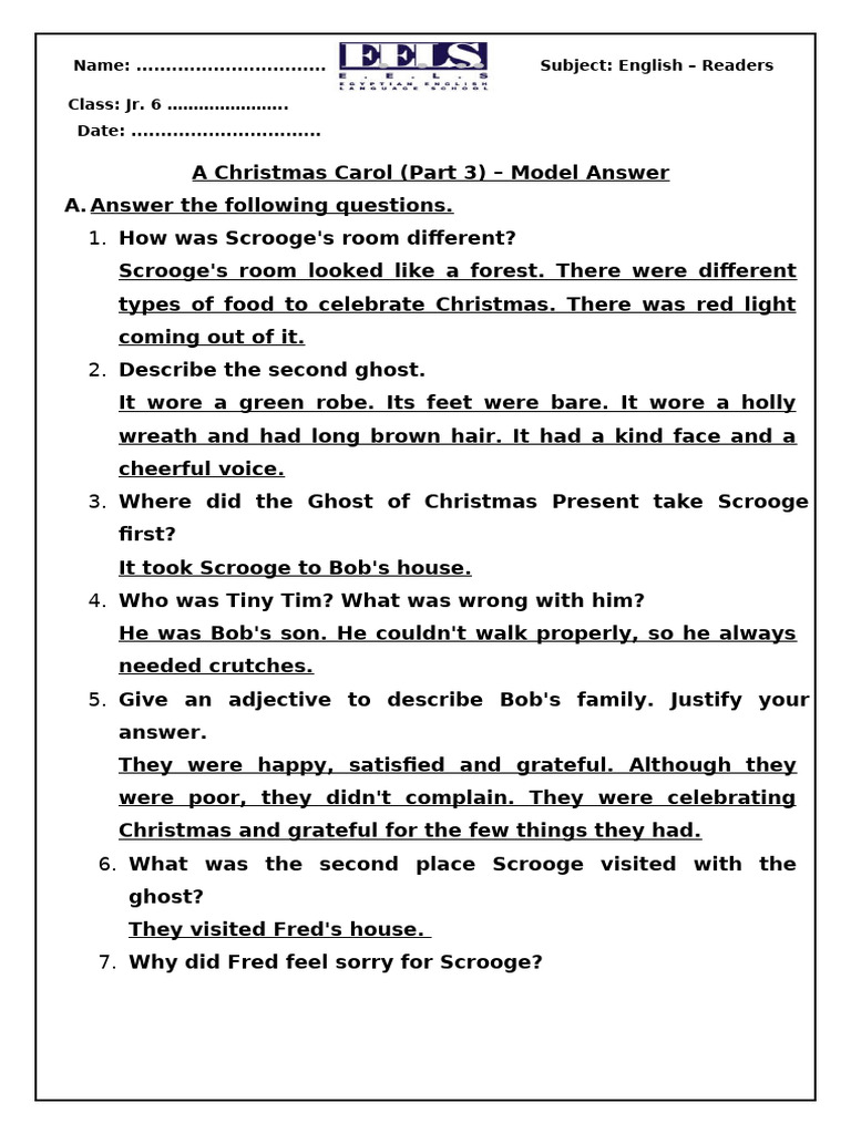A Christmas Carol Part 3 Questions Model Answer | PDF | Ebenezer ...
