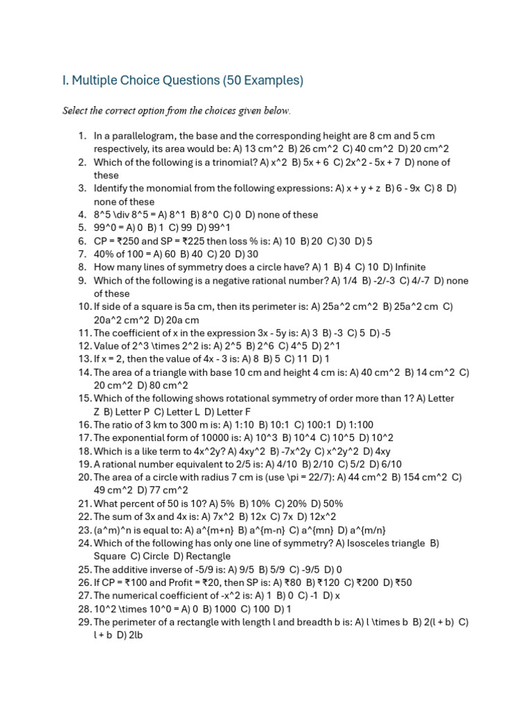 STD 7 Practice Examples For Annual Exam Section A | PDF