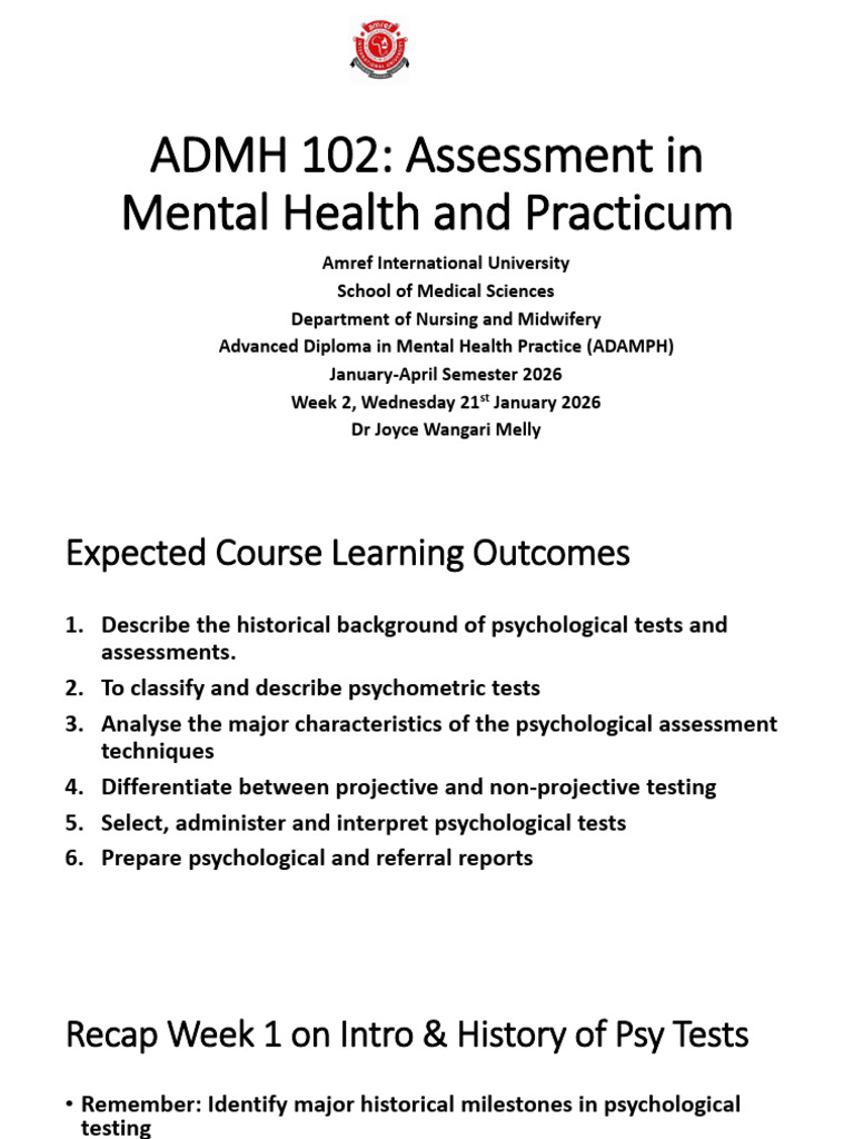 Week 2 ADMH 102 Assessment in Mental Health and Practicum DR Joyce ...