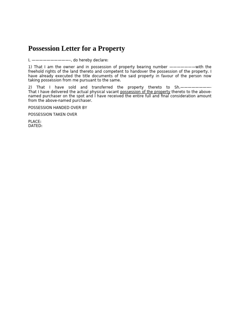 Possession Letter For A Property | PDF