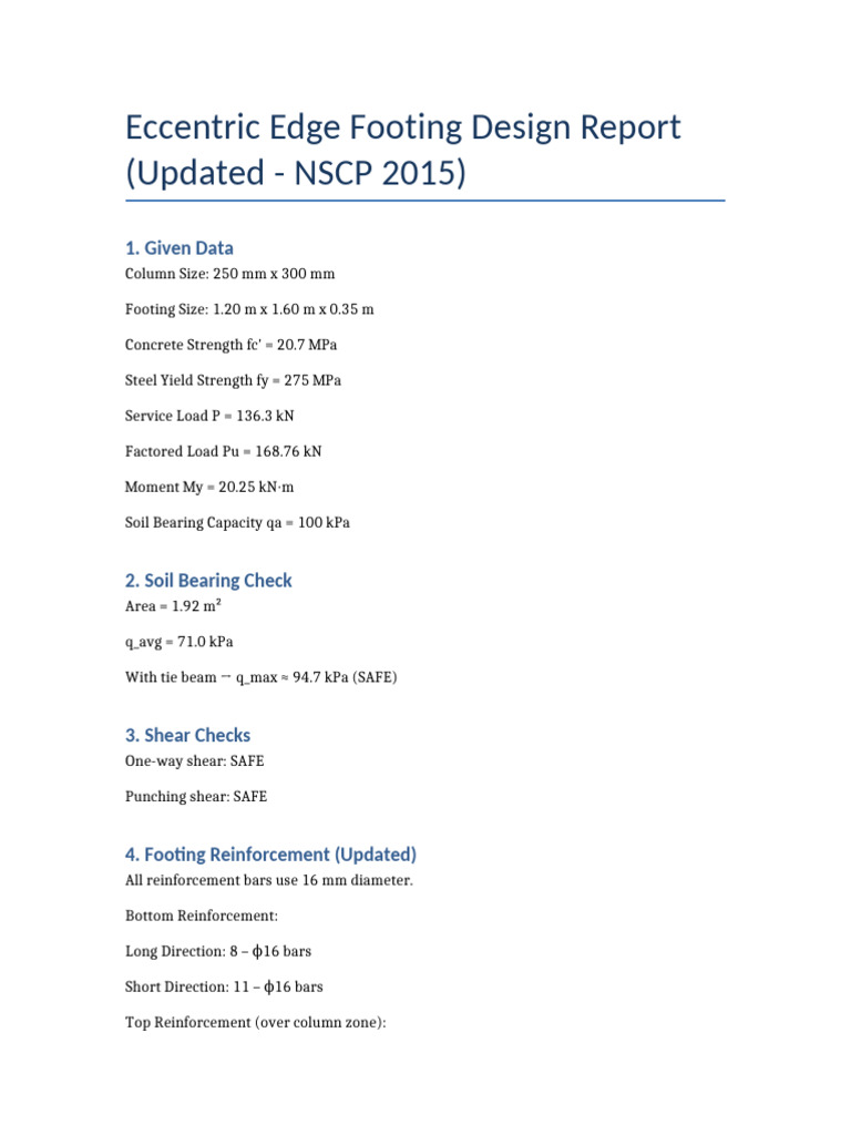 Eccentric Edge Footing Design Report (Updated - NSCP 2015) : 1. Given ...
