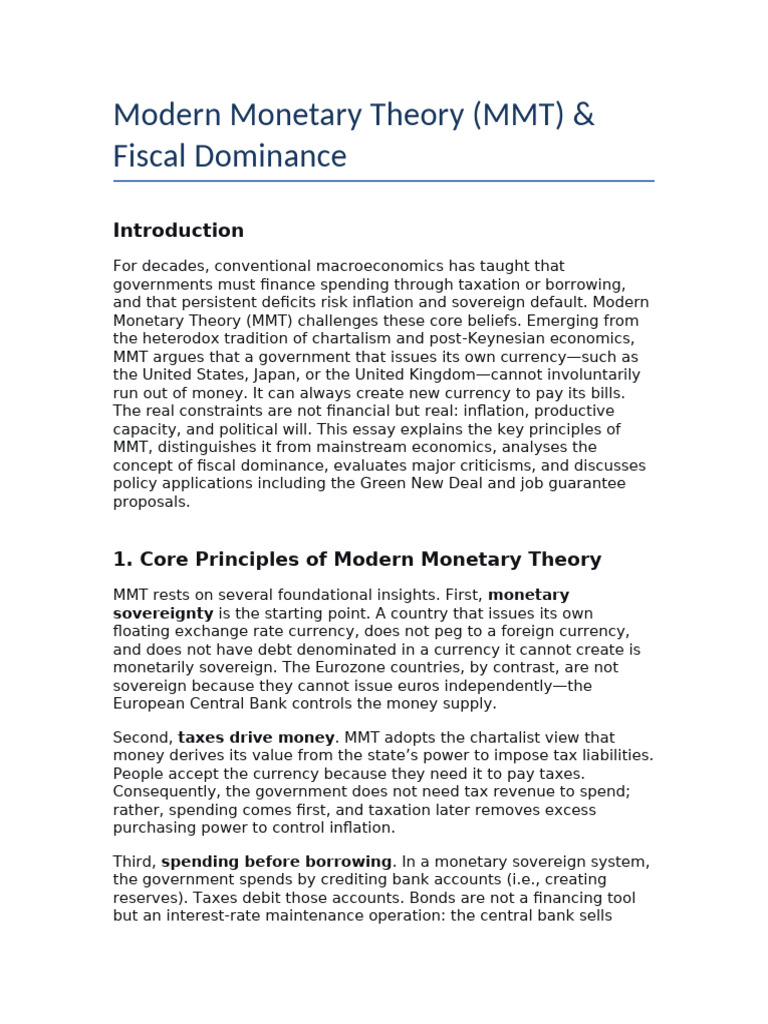 Modern Monetary Theory (MMT) & Fiscal Dominance | PDF | Fiscal Policy ...