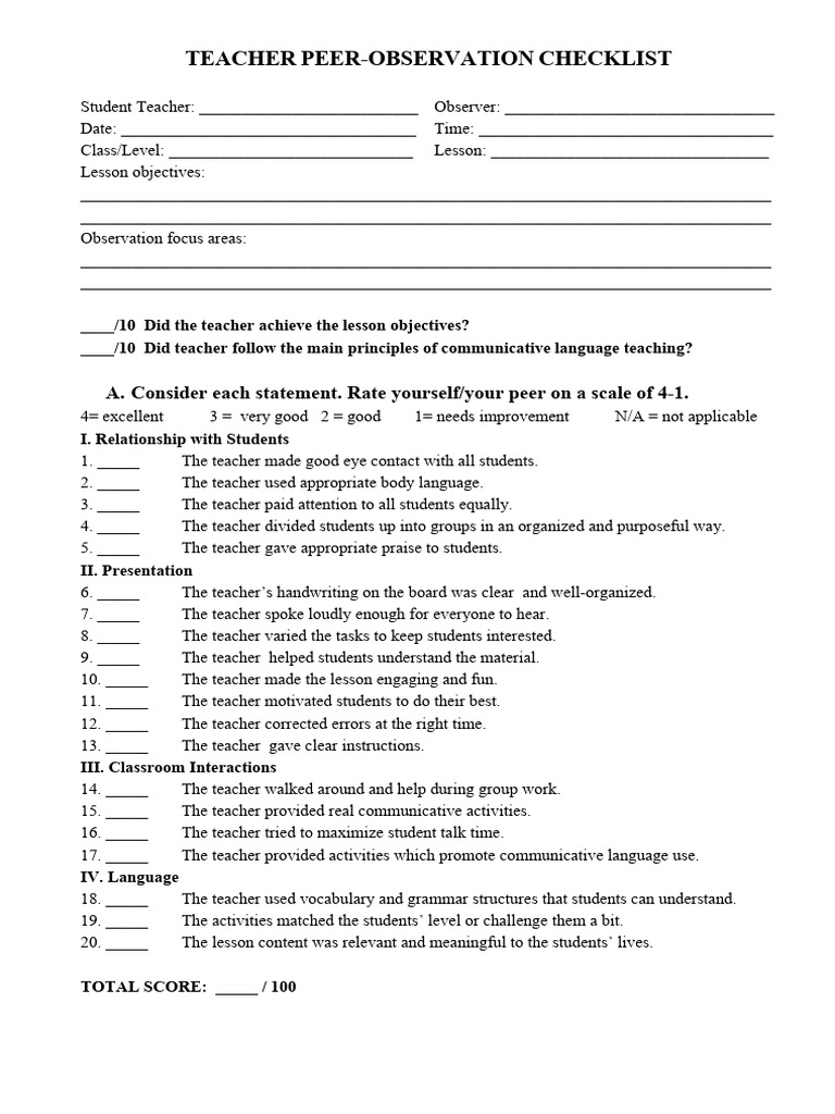 04.peer Observation Checklist | PDF | Teachers | Cognition