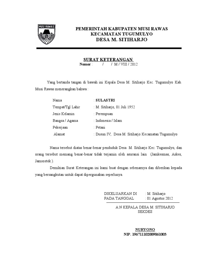 Surat Keterangan Tidak Memiliki Jamkesmas