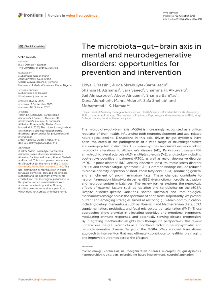 The Microbiota Gut Brain Axis in Mental and Neurodegenerative Disorders ...