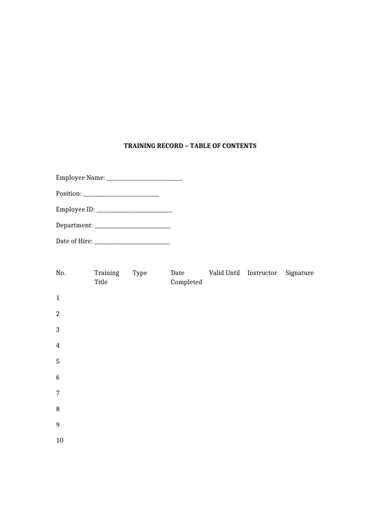 Training Record - Table of Contents | PDF