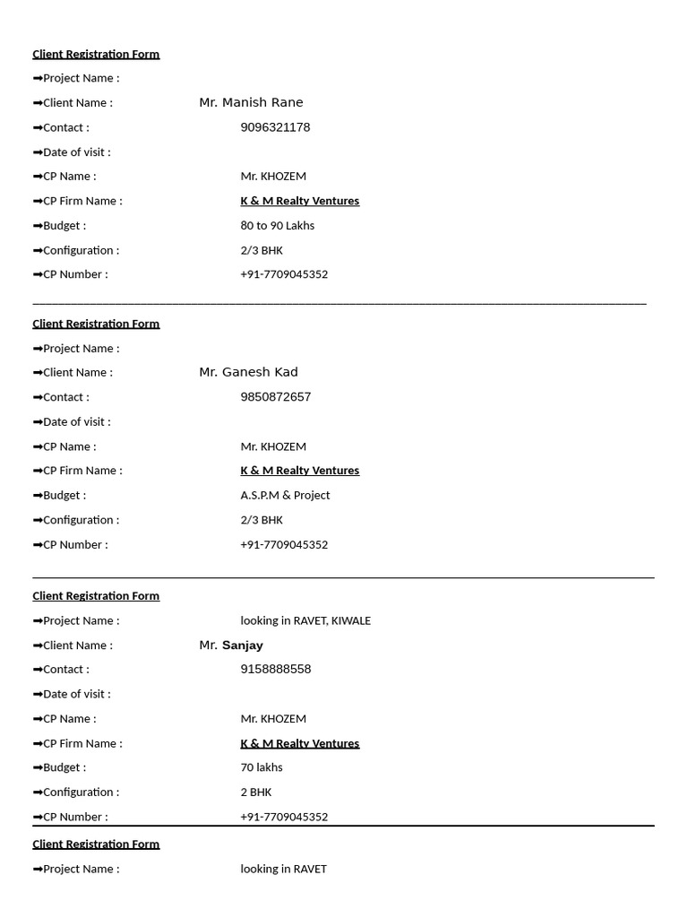 Client Registration Form PCMC | PDF