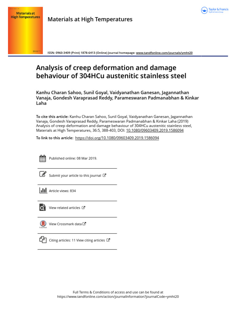 Analysis of Creep Deformation and Damage Behaviour of 304HCu Austenitic ...