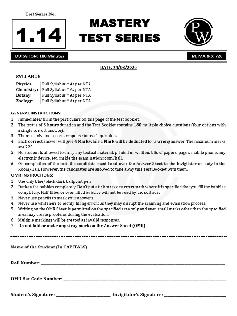 Mastery - 14: Test Paper and Answer Key | PDF | Chemistry | Physical ...