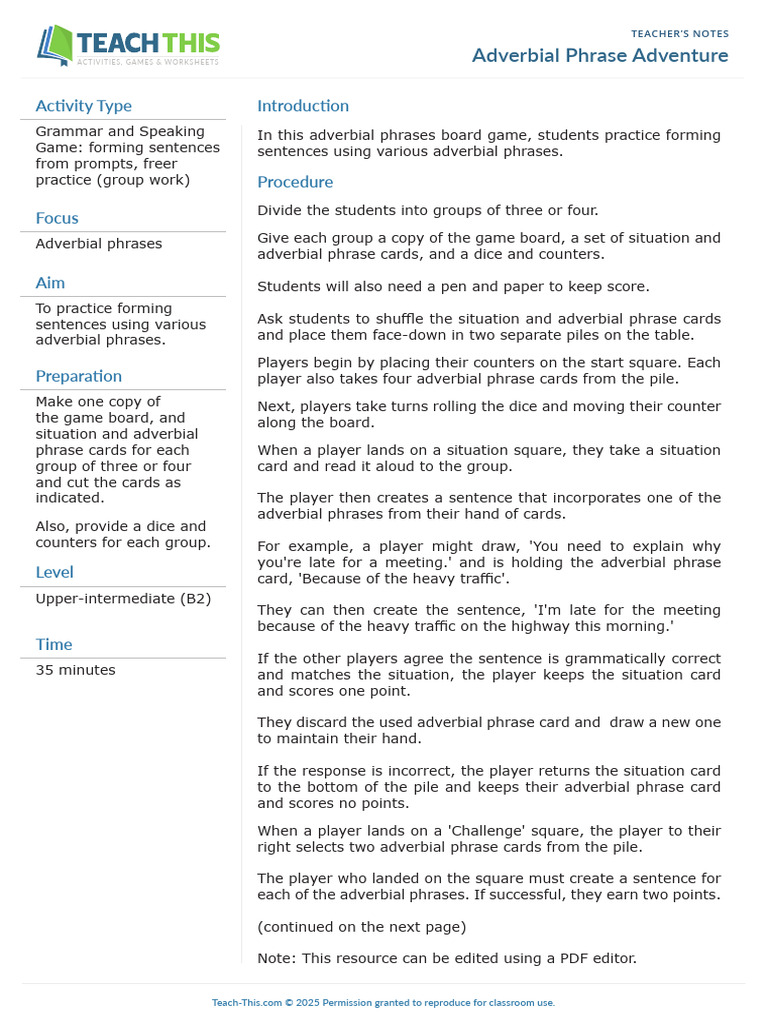 Adverbial Phrase Adventure | PDF
