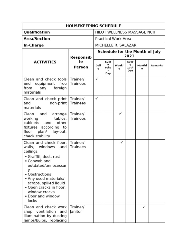 m01 Salazar - Housekeeping Schedule | PDF