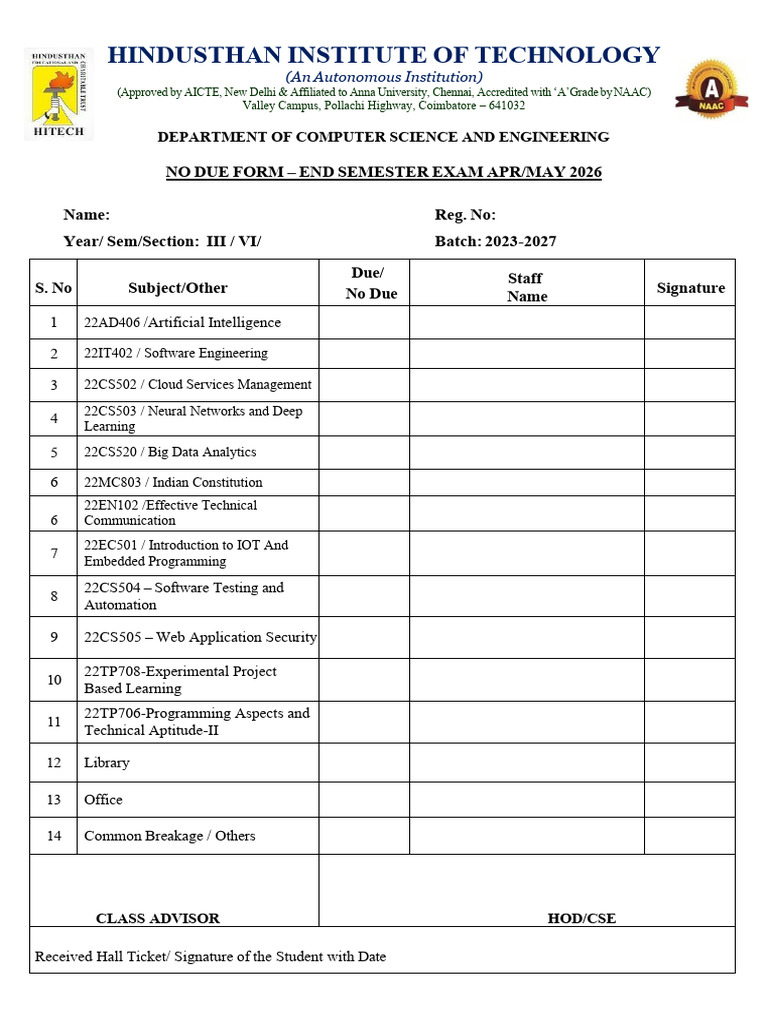 No Due Form III Year Cse-Vi Sem | PDF