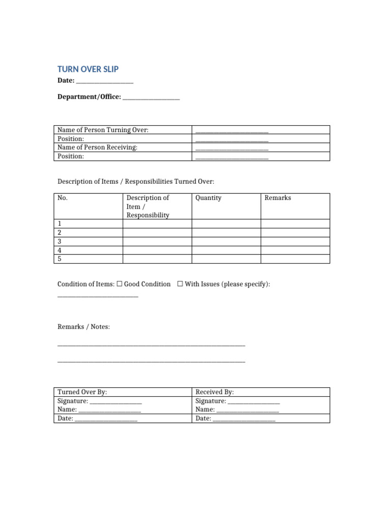 Turn Over Slip Template | PDF