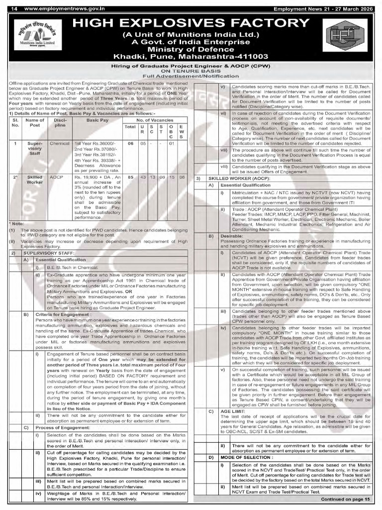 High Explosives Factory Khadki Bharti 2026 For 91 Posts | PDF