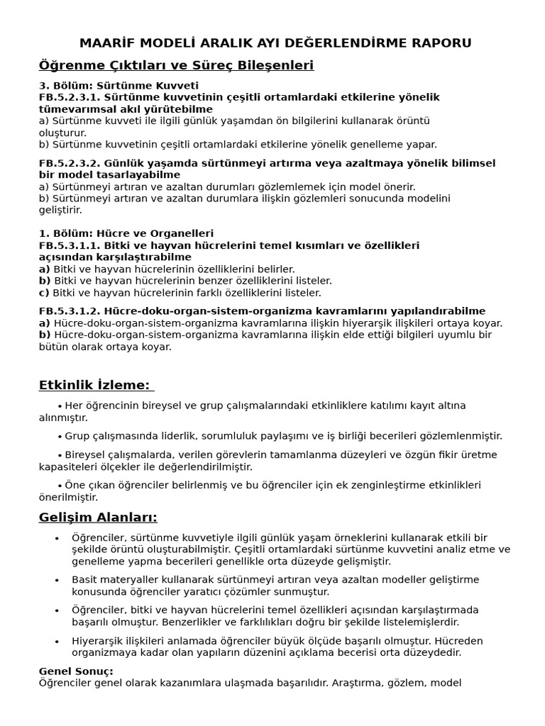 Maarif Modeli Aralik Ayi Degerlendirme Raporu | PDF