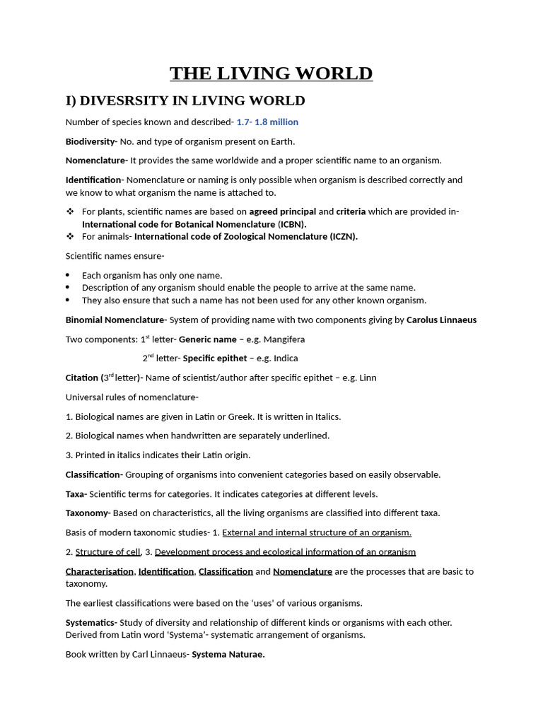 Chap 1 - Living World (Handmade Notes) | PDF | Taxonomy (Biology) | Species