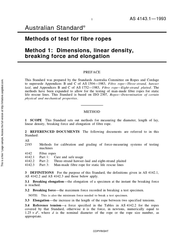 As 4143.1-1993 Methods of Test For Fibre Ropes Dimensions Linear ...