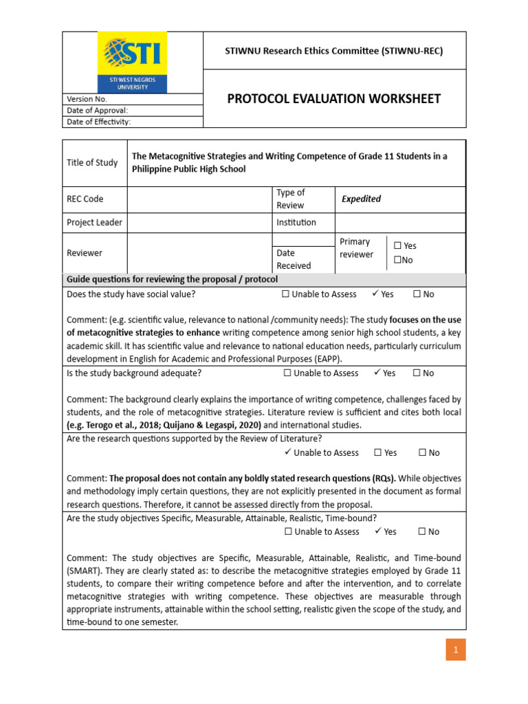 49 Form 4.1 Protocol Reviewer Worksheet | PDF | Informed Consent ...
