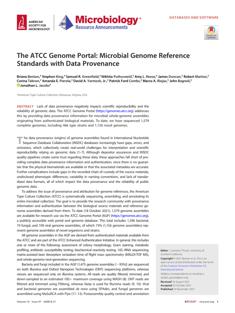 The ATCC Genome Porta Microbial Genome Reference Standards With Data ...