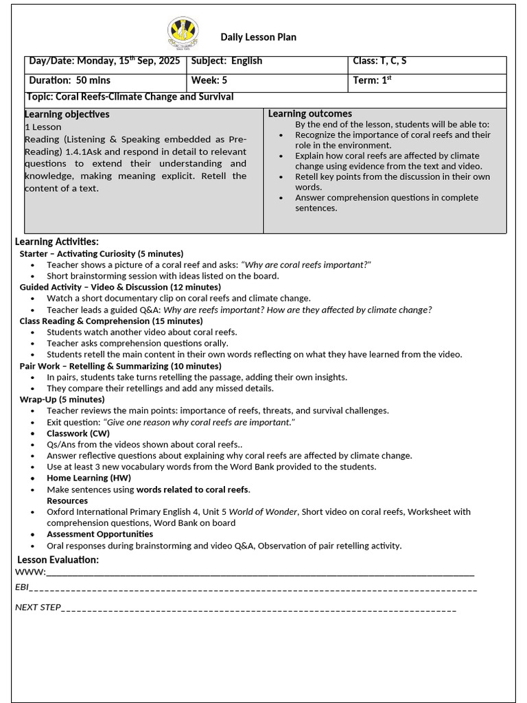 Planner Week 5 | PDF | Reading Comprehension | Lesson Plan