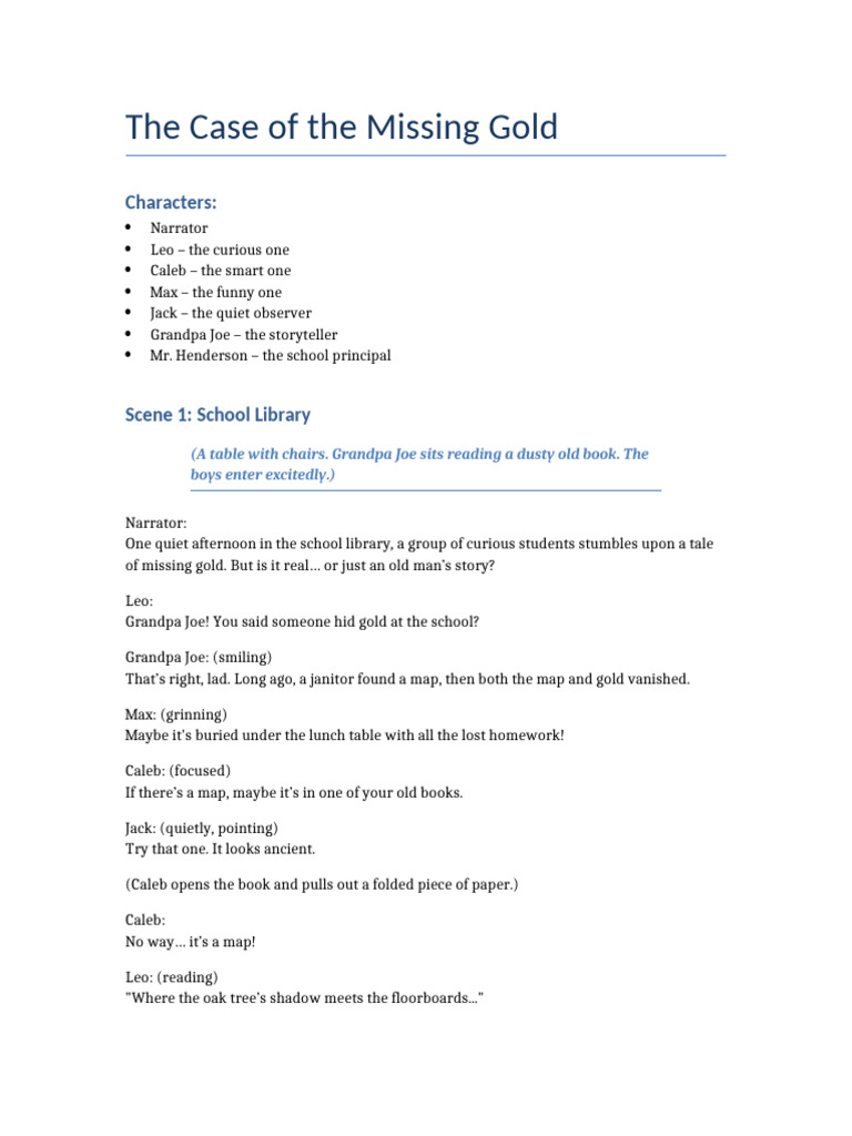The Case of The Missing Gold Playscript | PDF