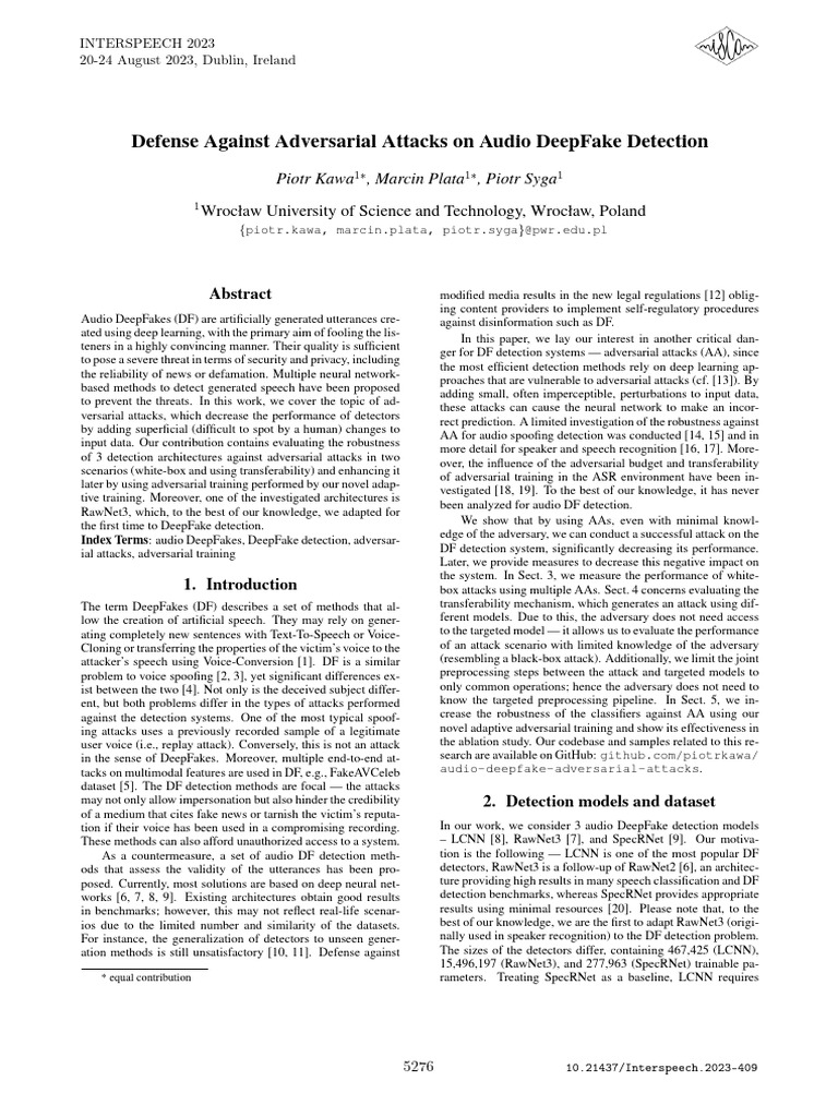 Defense Against Adversarial Attacks On Audio DeepFake Detection | PDF ...