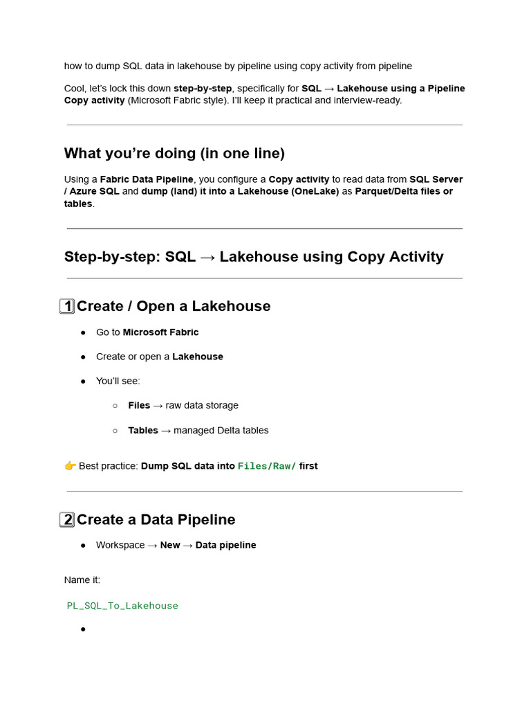 How To Dump SQL Data in Lakehouse by Pipeline Using Copy Activity From ...