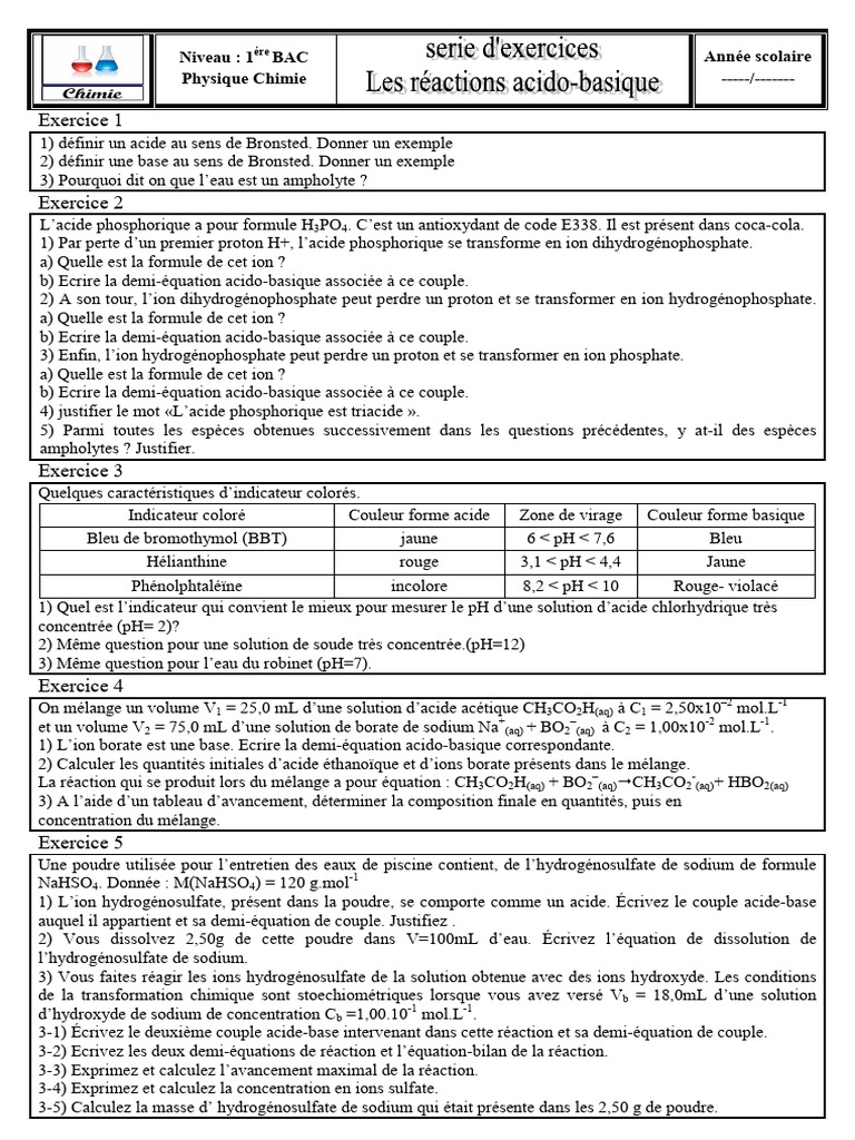 Les Reactions Acido Basiques Exercices Non Corriges 2 | PDF | Acide ...