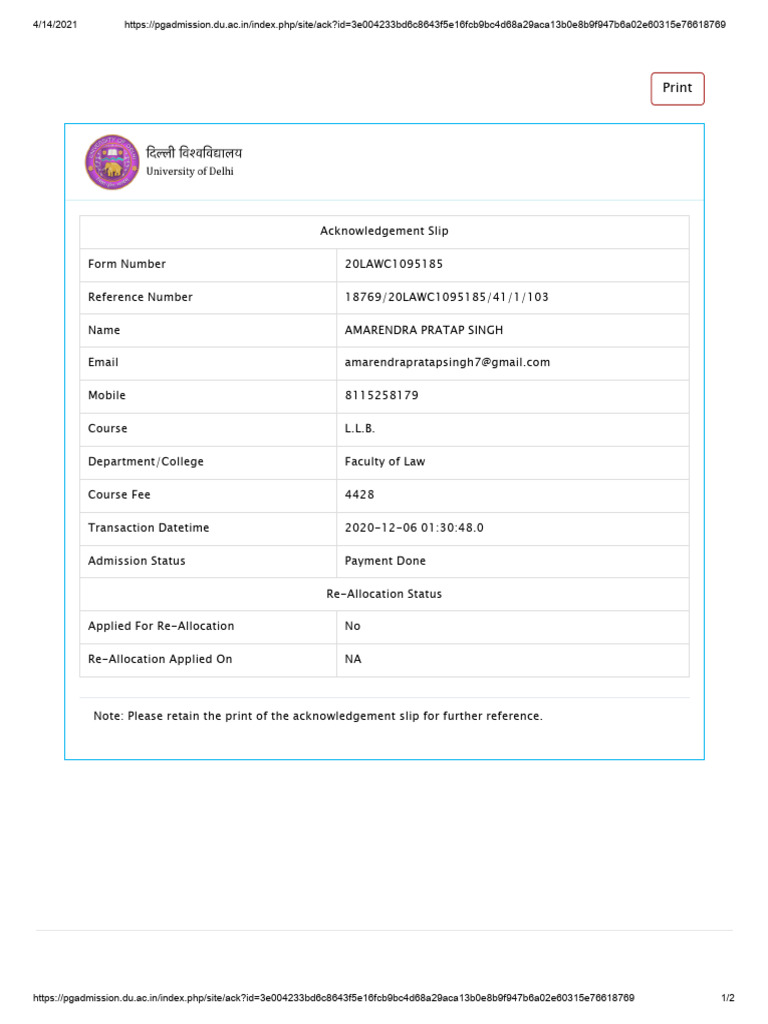 Acknowledgement Fee Receipt Du | PDF