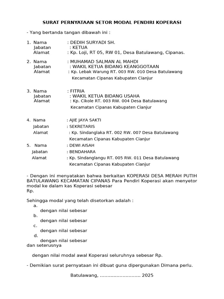 Lampiran 5 (Surat Pernyataan Setor Modal Pendiri Koperasi Dan ...