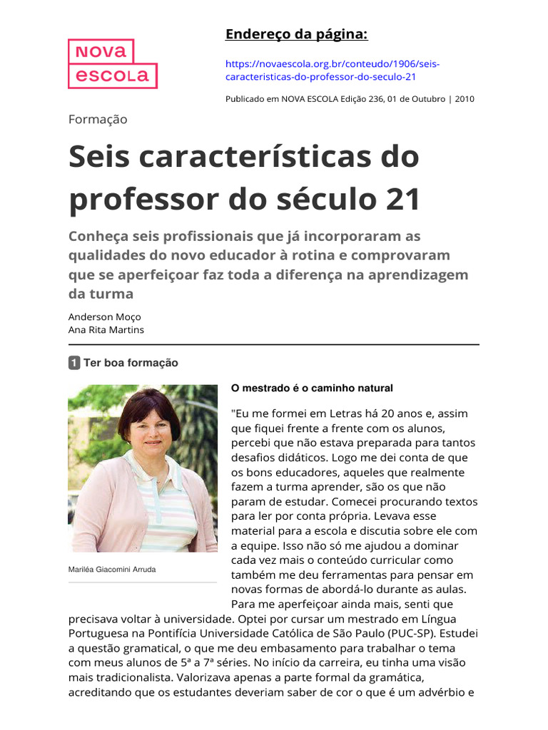 Seis Caracteristicas Do Professor Do Seculo 21 | PDF